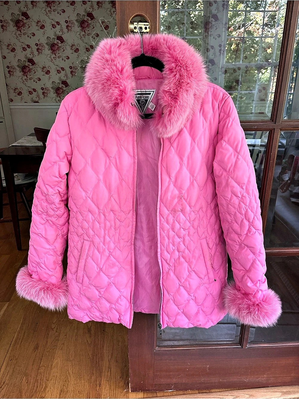 Marilyn Richards Pink Quilted Fur Trim Coat Jacket M Y2K